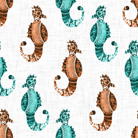 Whimsical under the seahorses pattern. Childish screen block print effect. Playful tropical summer scuba beach vacation background. Cute cartoon scandi sea horse animal riso seamless design.の写真素材