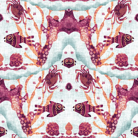Whimsical under the sea coral reef pattern. Childish screen block print effect. Playful tropical summer scuba beach vacation background. Cute cartoon scandi fish animal riso seamless design.の写真素材