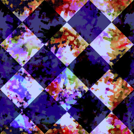 Checkerboard indigo blue tie dye batik beachwear pattern. Seamless navy stain check space dyed effect allover print. Washed out quilt patchwork soft furnishing cover background.の写真素材