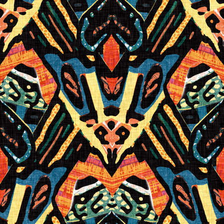 Colorful retro kaleidoscope sixties style pattern. Modern vintage fabric textile background. Fun funky woven screen print effect. Intricate symmetry effect for furnishing allover design tile. swatchの写真素材