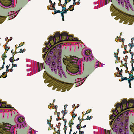 Colorful cute under the sea swimming tropical fishes. Childish screen print effect. Playful summer...