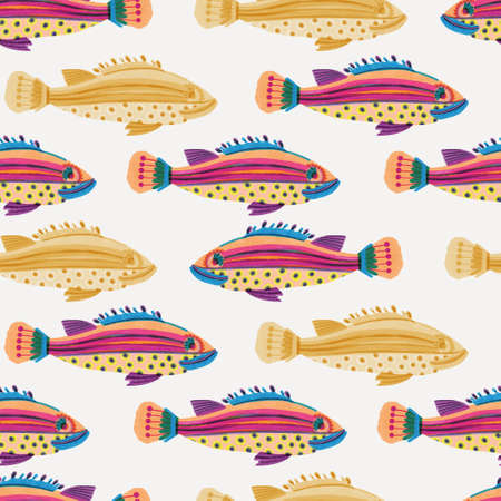 Colorful cute under the sea swimming tropical fishes. Childish screen print effect. Playful summer...