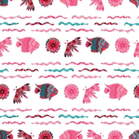 Colorful cute floral fish under the sea swimming tropical water. Childish screen print effect....