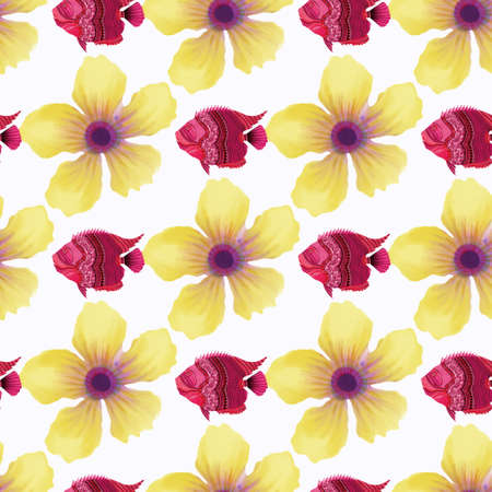 Colorful cute floral sardine festival fish seamless pattern. Stylist watercolor flower patterned...
