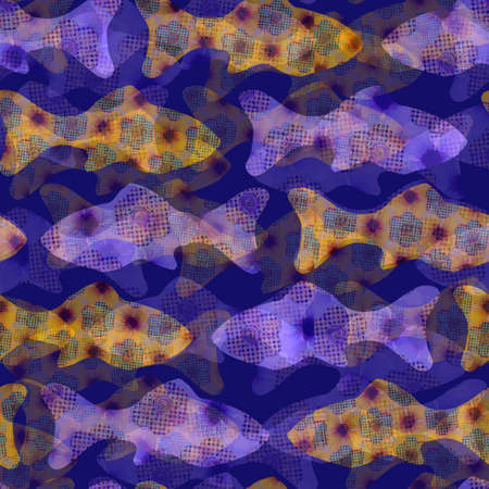 Colorful cute floral sardine festival fish seamless pattern. Stylized watercolor flower patterned fishes effect. Playful summer food party background. Whimsical Lisbon hand drawn food festival design.の写真素材