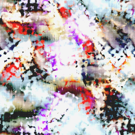 Messy summer tie dye batik beach wear pattern. Seamless colorful stain space dyed effect fashion. Washed out soft furnishing background.の写真素材