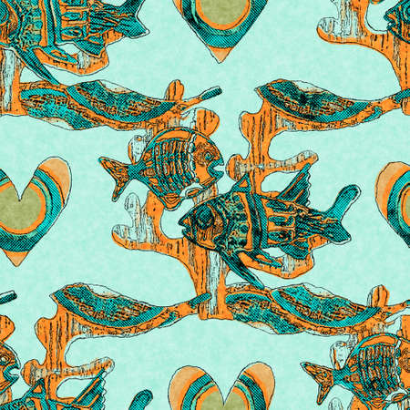Coral teal shoal of fish linen wash nautical background. Summer coastal style fabric swatches. Under the sea life tropical fishes material. 2 tone green reef dyed textile seamless pattern.の写真素材