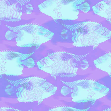 Ultraviolet iridescent fish pattern background. Modern digital lavender peri purple under the sea fishes texture. Tropical calm coastal wellness all over print.の写真素材