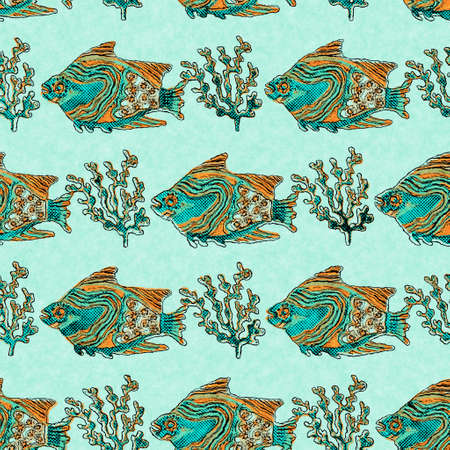 Coral teal shoal of fish linen wash nautical background. Summer coastal style fabric swatches. Under...