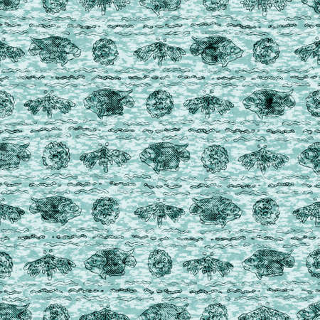 Aegean teal shoal of fish linen wash nautical background. Summer coastal style fabric swatches....