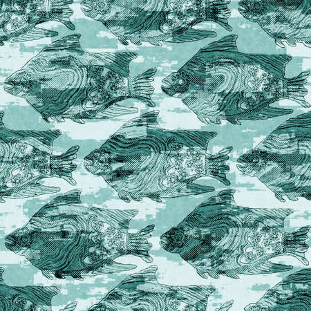Aegean teal shoal of fish linen wash nautical background. Summer coastal style fabric swatches....