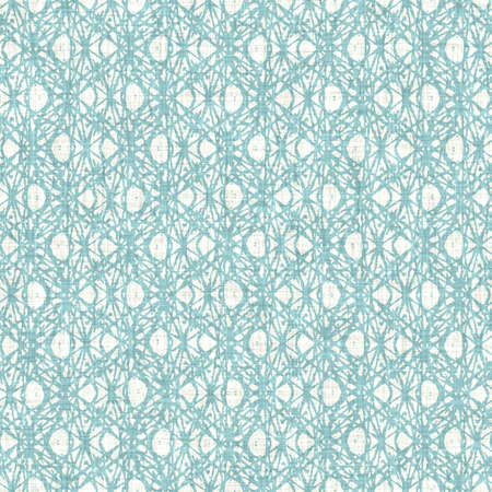 Aegean teal geo grid patterned linen texture background. Summer coastal living style wash check fabric effect. Sea green wash grunge distressed geometric grid. Home decor textile seamless patternの写真素材