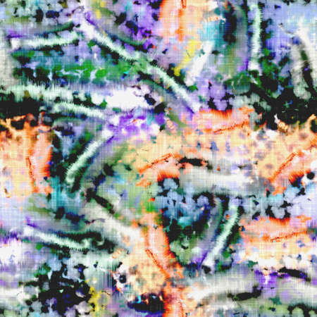 Messy summer tie dye batik beach wear pattern. Seamless colorful stain space dyed effect fashion. Washed out soft furnishing background.の写真素材