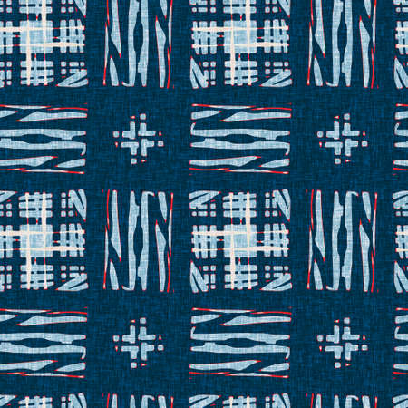 Indigo blue mottled grid check nautical seamless pattern. Modern irregular marine line geometric...