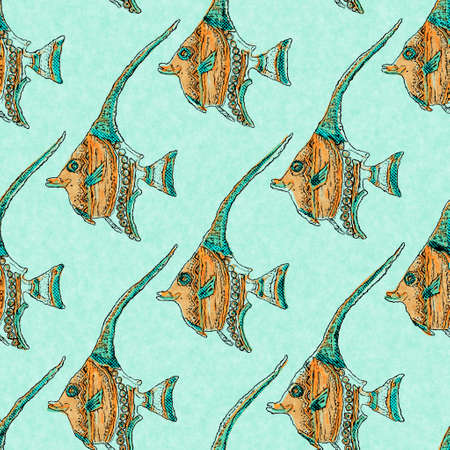 Coral teal shoal of fish linen wash nautical background. Summer coastal style fabric swatches. Under the sea life tropical fishes material. 2 tone green reef dyed textile seamless pattern.の写真素材