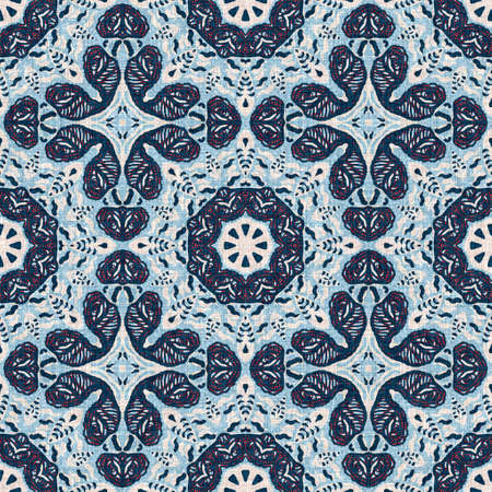 Indigo blue red batik geo nautical seamless pattern. Modern marin geometric kaleidoscope sailor...
