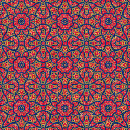 Indian boho summer bandana seamless symmetrical pattern. Versatile masculine red blue scarf print in...