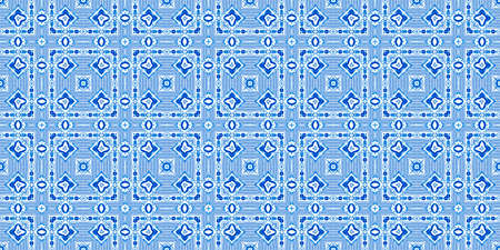 Blue white watercolor azulejo tile border background. Seamless coastal geometrical floral mosaic...