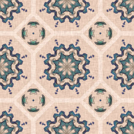 Coastal coral reef geometric quilt style linen pattern. Seamless marine fabric effect background for...