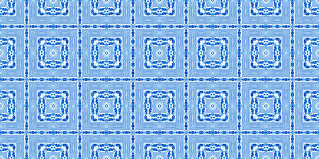 Blue white watercolor azulejo tile border background. Seamless coastal geometrical floral mosaic...