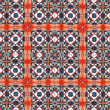 Navy blue red azulejos tile style banana fashion scarf print. Seamless pattern in coastal living...