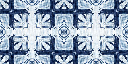 Indigo dye wash coastal damask seamless border pattern. Washed out geometric dip dyed blur effect...