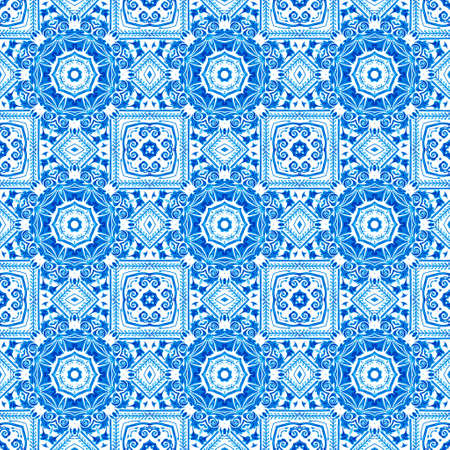 Blue white watercolor azulejos tile background. Seamless coastal geometric floral mosaic effect. Ornamental arabesque all over summer fashion damask repeatの写真素材