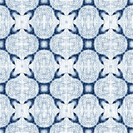 Indigo Dye Wash Coastal Damask Quilt Seamless Pattern. Washed out Geometric Dip Dyed Blur effect for Nautical and Marine Ocean Blue Interior Textile Backgrounds with Linen Texture Tileの写真素材