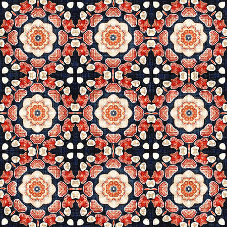 Navy blue red azulejos tile style banana fashion scarf print. Seamless pattern in coastal living...
