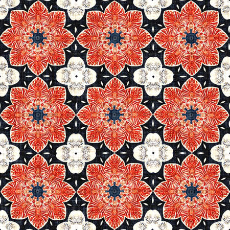 Navy blue red azulejos tile style banana fashion scarf print. Seamless pattern in coastal living...