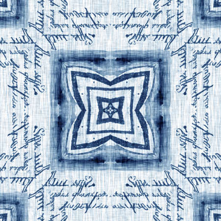 Indigo Dye Wash Coastal Damask Quilt Seamless Pattern. Washed out Geometric Dip Dyed Blur effect for Nautical and Marine Ocean Blue Interior Textile Backgrounds with Linen Texture Tileの写真素材