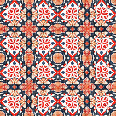 Navy blue red azulejos tile style banana fashion scarf print. Seamless pattern in coastal living maritime style design. Modern abstract cotton linen effect fabric background.の写真素材