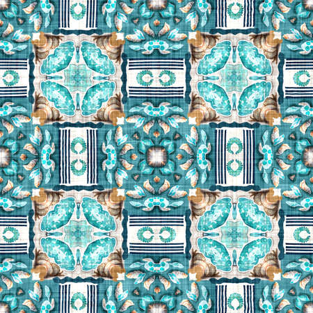 Teal beach house coastal style patchwork pattern tile. Modern nantucket summer printed fabric...