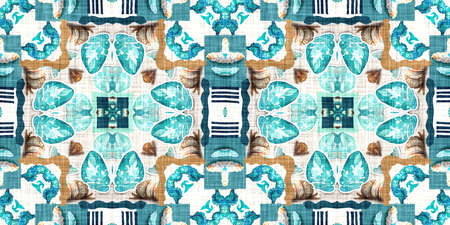 Teal beach house border in coastal style patchwork pattern. Modern nantucket summer printed edging...
