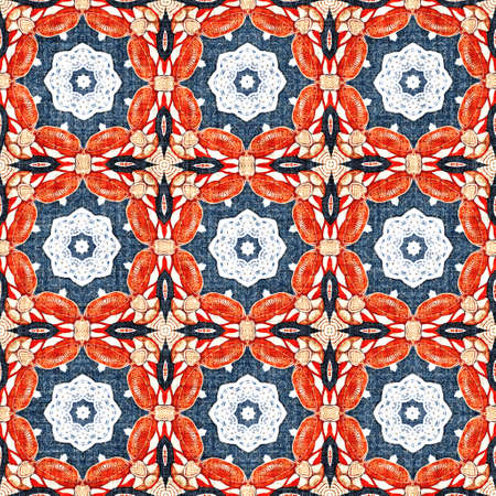 Navy blue red azulejos tile style banana fashion scarf print. Seamless pattern in coastal living...