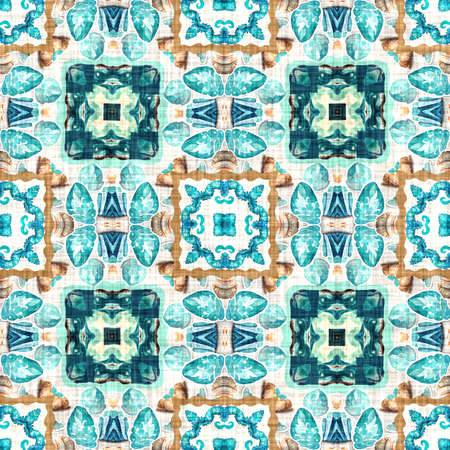 Teal beach house coastal style patchwork pattern tile. Modern nantucket summer printed fabric...