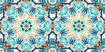 Teal beach house border in coastal style patchwork pattern. Modern nantucket summer printed edging...