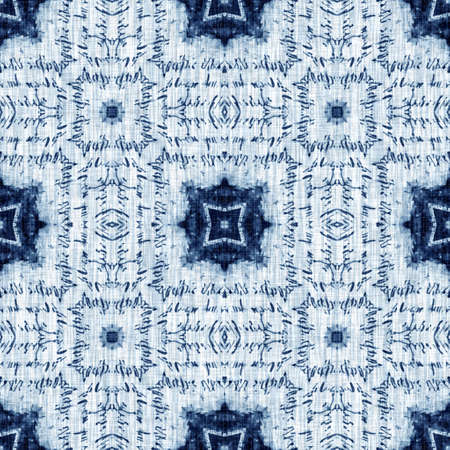 Indigo Dye Wash Coastal Damask Quilt Seamless Pattern. Washed out Geometric Dip Dyed Blur effect for Nautical and Marine Ocean Blue Interior Textile Backgrounds with Linen Texture Tileの写真素材