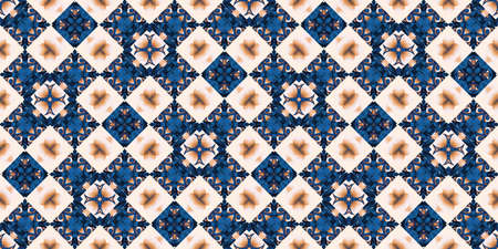 Blue white watercolor azulejo tile border background. Seamless coastal geometrical blur mosaic...