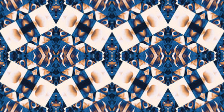 Blue white watercolor azulejo tile border background. Seamless coastal geometrical blur mosaic...