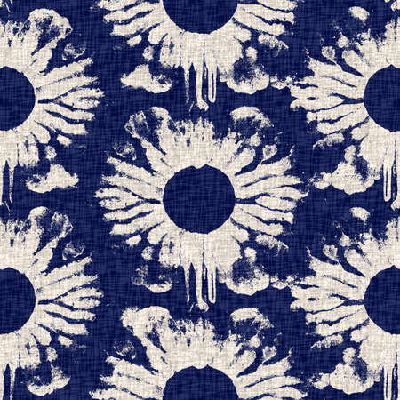 Summer indigo batik block print dyed motif seamless pattern. Fashion all over print for beach wear. Masculine shirt tie dye effect. Repeatable woven textile swatchの写真素材
