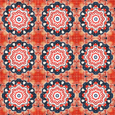 Navy blue red azulejos tile style banana fashion scarf print. Seamless pattern in coastal living...