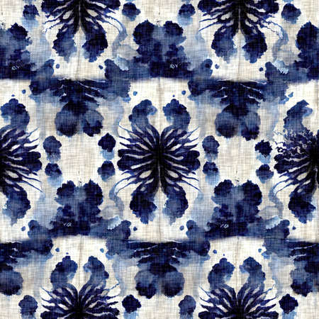 Summer indigo washed bandana dyed motif seamless pattern. Fashion blur bleed all over print for beach wear. Masculine shirt tie dye effect. Repeatable woven textile swatchの写真素材