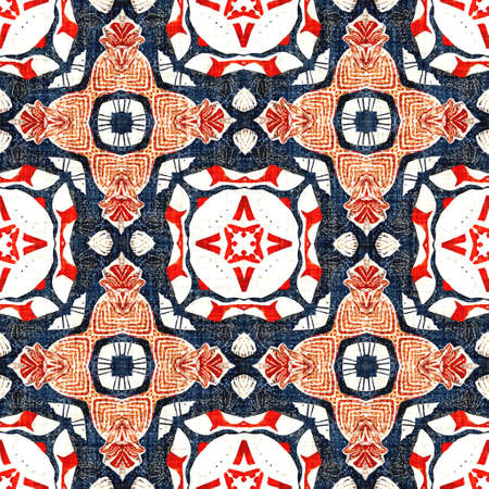 Navy blue red azulejos tile style banana fashion scarf print. Seamless pattern in coastal living...