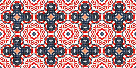 Retro blue red pattern clash geometric bandana border. Masculine fashion edging trim banner with...
