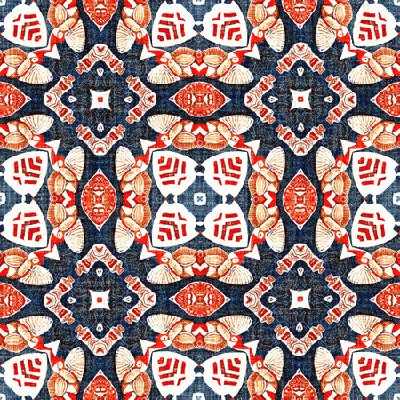 Navy blue red azulejos tile style banana fashion scarf print. Seamless pattern in coastal living maritime style design. Modern abstract cotton linen effect fabric background.の写真素材