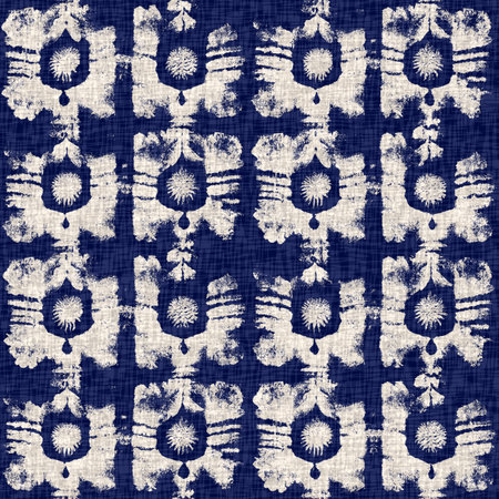 Summer indigo batik block print dyed motif seamless pattern. Fashion all over print for beach wear. Masculine shirt tie dye effect. Repeatable woven textile swatchの写真素材
