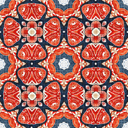 Navy blue red azulejos tile style banana fashion scarf print. Seamless pattern in coastal living...