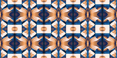 Blue white watercolor azulejo tile border background. Seamless coastal geometrical blur mosaic...
