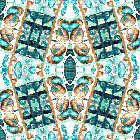 Teal beach house coastal style patchwork pattern tile. Modern nantucket summer printed fabric...